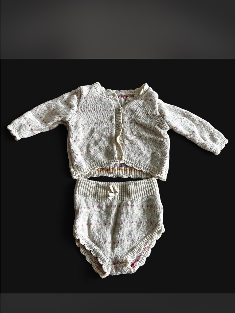 cloud island Cream Knit Cardigan and Bloomers with Pink Dots